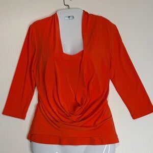 Joseph Ribkoff Vibrant Orange Draped Frame Neck Blouse - 3/4 Sleeve - Size 4